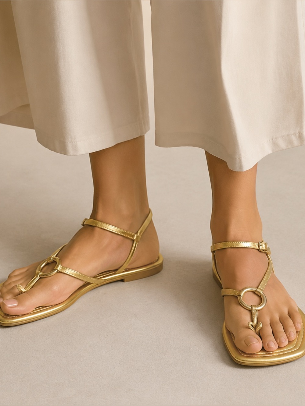 Zara Metallic Gold Square Toe Ring Strappy Flat Sandals NWT